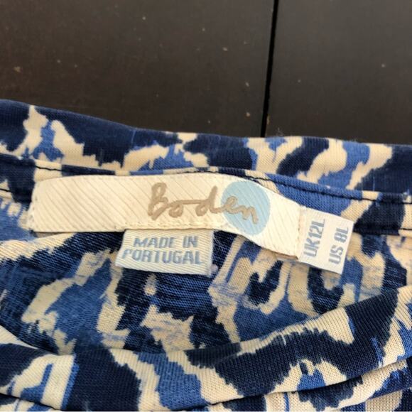 Boden blue and cream geometric print tie waist dress size 8L or 8 Long - Picture 8 of 15